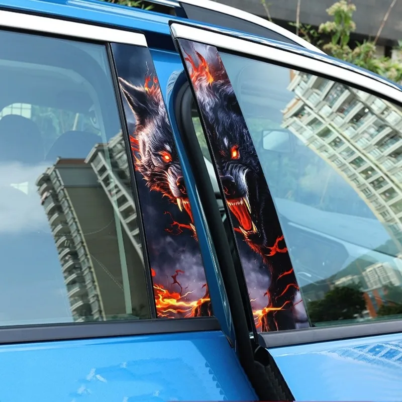 Car Window Center Pillar Sticker Door B-pillar Flame Wolf Tiger Decorative Decal Black Carbon Patterned Waterproof Car Stickers