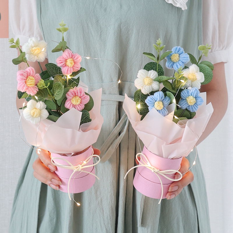 Flores de crochê abraçando balde buquê de flores artificiais mão tecido puff flores professores presentes de casamento dos namorados decoração de casa