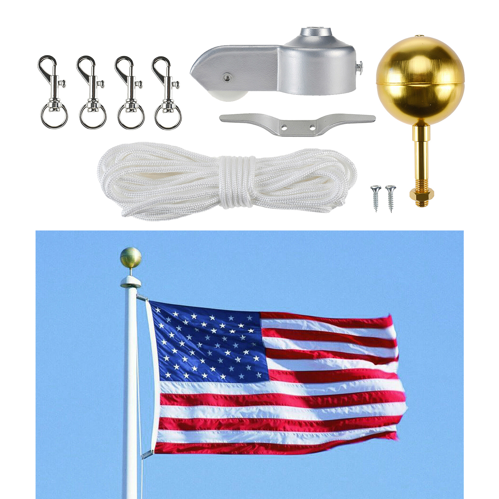 Outdoor Flagpole Hardware Repair Kit 3" Topper Gold Ball 4pc Flag Clip Hooks Flagpole Pulley Truck