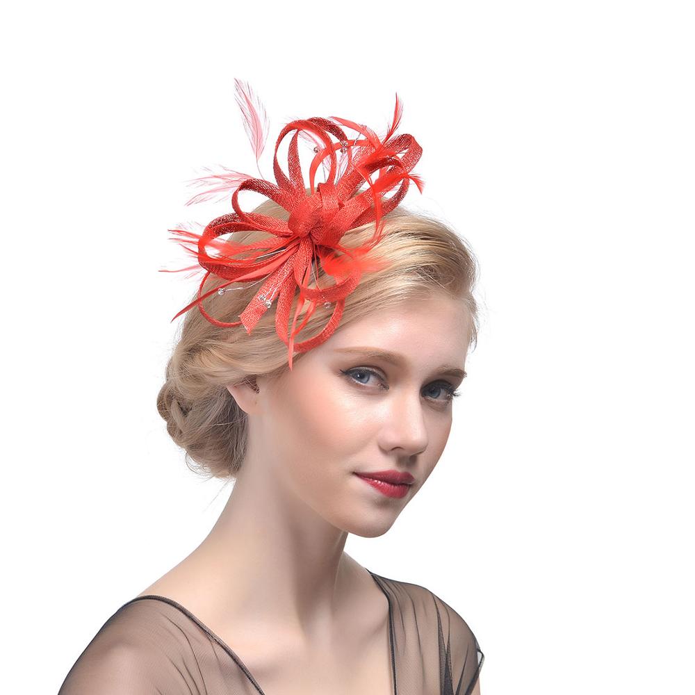 plume coiffure mariée cheveux chapeaux accessoires Elagant dames fête mariée chapeau pour mariage: Rouge