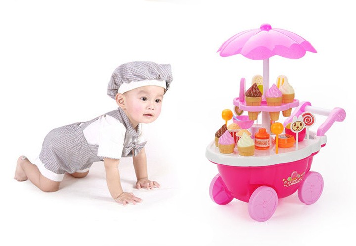 [Funny] Play House Game Kitchen Toys electronic Candy Ice Cream lollipop retail Stroller car with light music toy baby girl