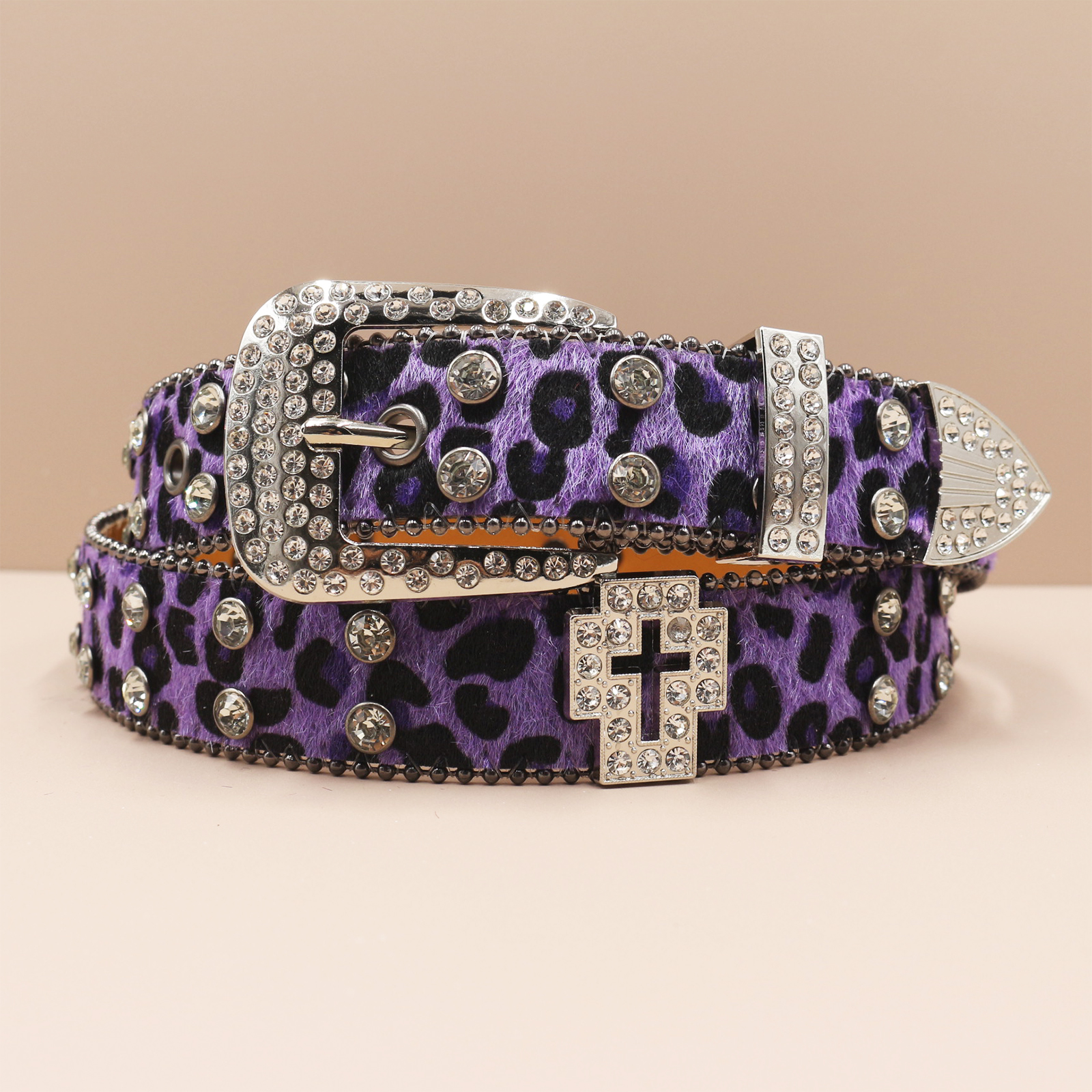 Cinturones con estampado de leopardo de 3,3 cm, cinturón vaquero con diamantes de imitación para mujer, cinturón vaquero occidental con de tachuelas brillantes, cinturones de cuero estilo Punk Rock Y2K: Morado / 125 cm