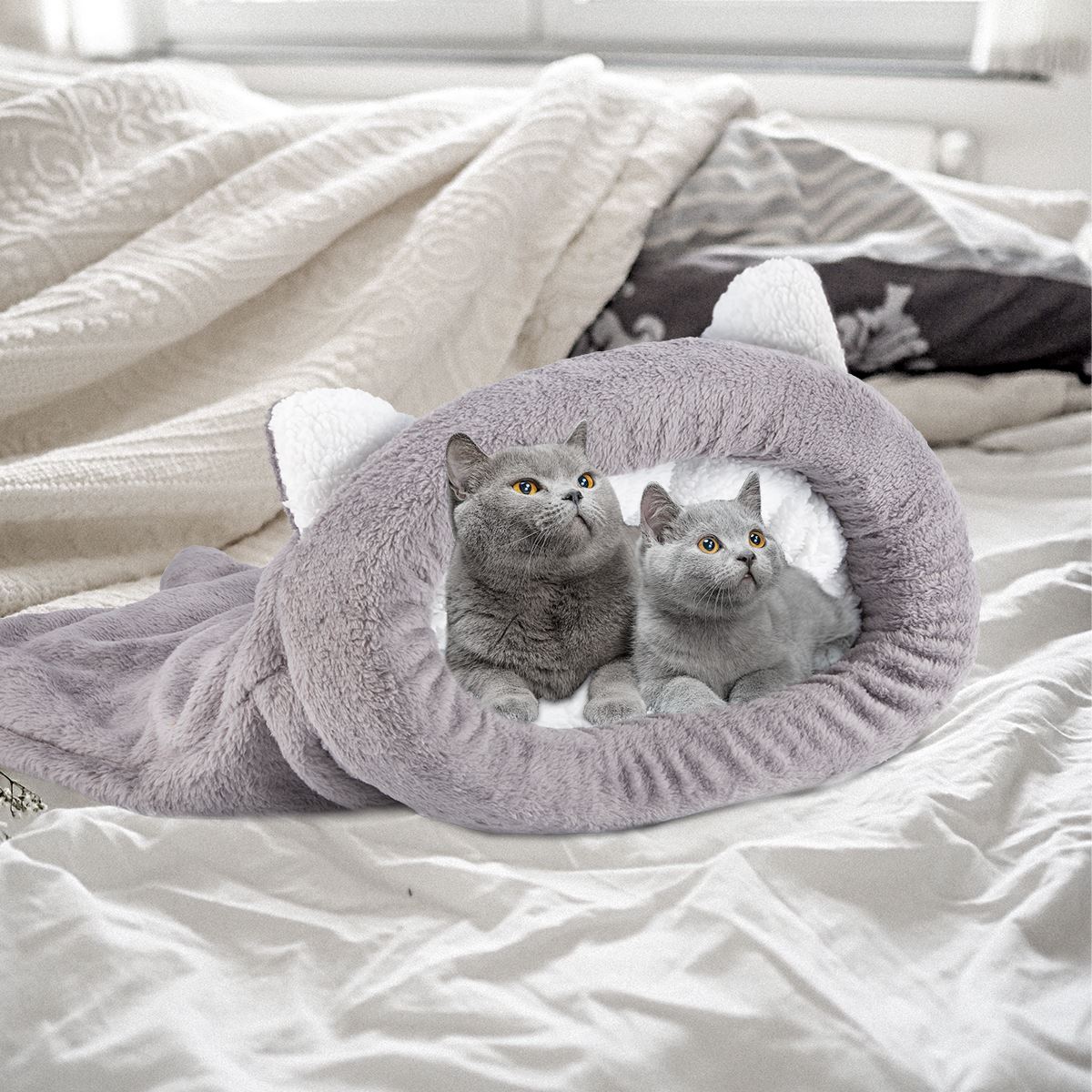 Schattige slaapzak voor katten, warm en comfortabel, premium koraalfleece, bedekt, knuffelbaar bed voor katten, puppy's, konijnen en andere kleine huisdieren