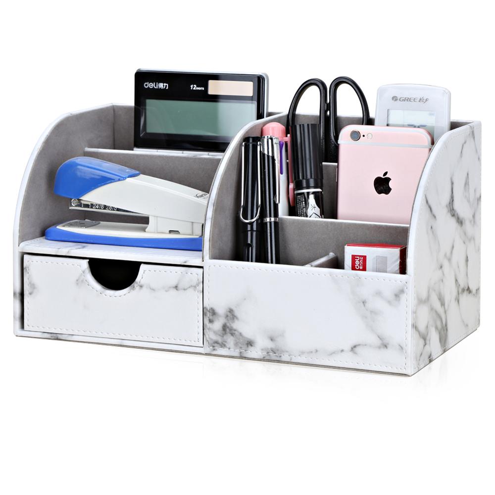Office Supplies Multi-functional Stationery Storage boxes Pen holder Pencil Box Large capacity Desk organizer with drawer: 1953 white marble