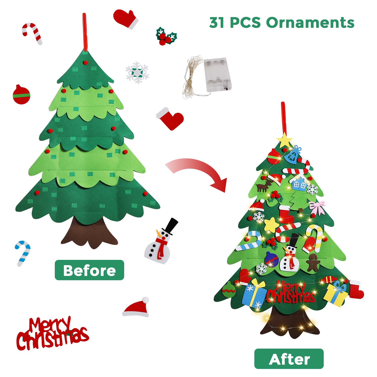 3D bricolage feutre arbre de noël avec éclairage maison décoration de noël enfant de noël jouets nouvel an Navidad décorations de noël: 98x70cm with light