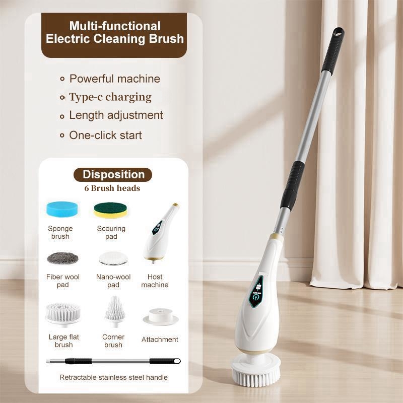 8-in-1 elektrische reinigingsborstel Draadloze telescopische handheld huishoudelijke keuken Vloer Badkamer 8 koppen schone scrubber: WHITE