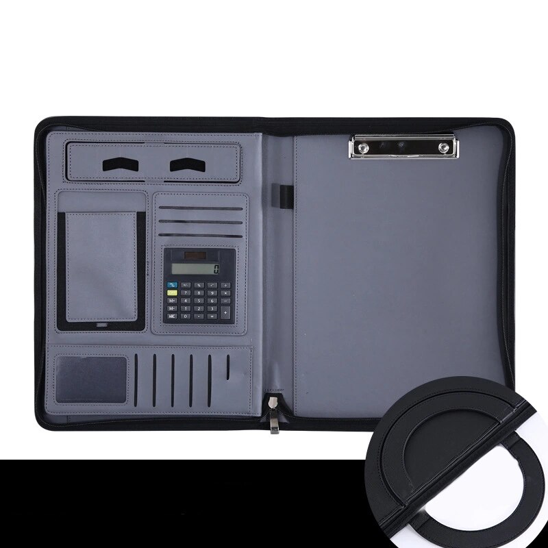 Zippered Leather Padfolio Portfolio Case with Calculator, Business Conference Portfolio Organizer Notepad Folder
