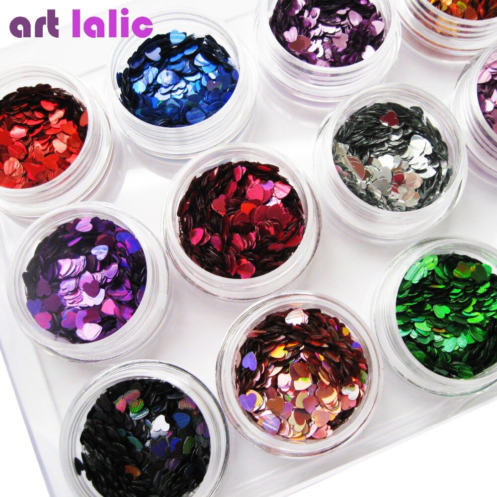 12 Kleuren Nail Art Glitter Hart Vormen Confetti Pailletten Acryl Tips Uv Gel Polish Diy Deco