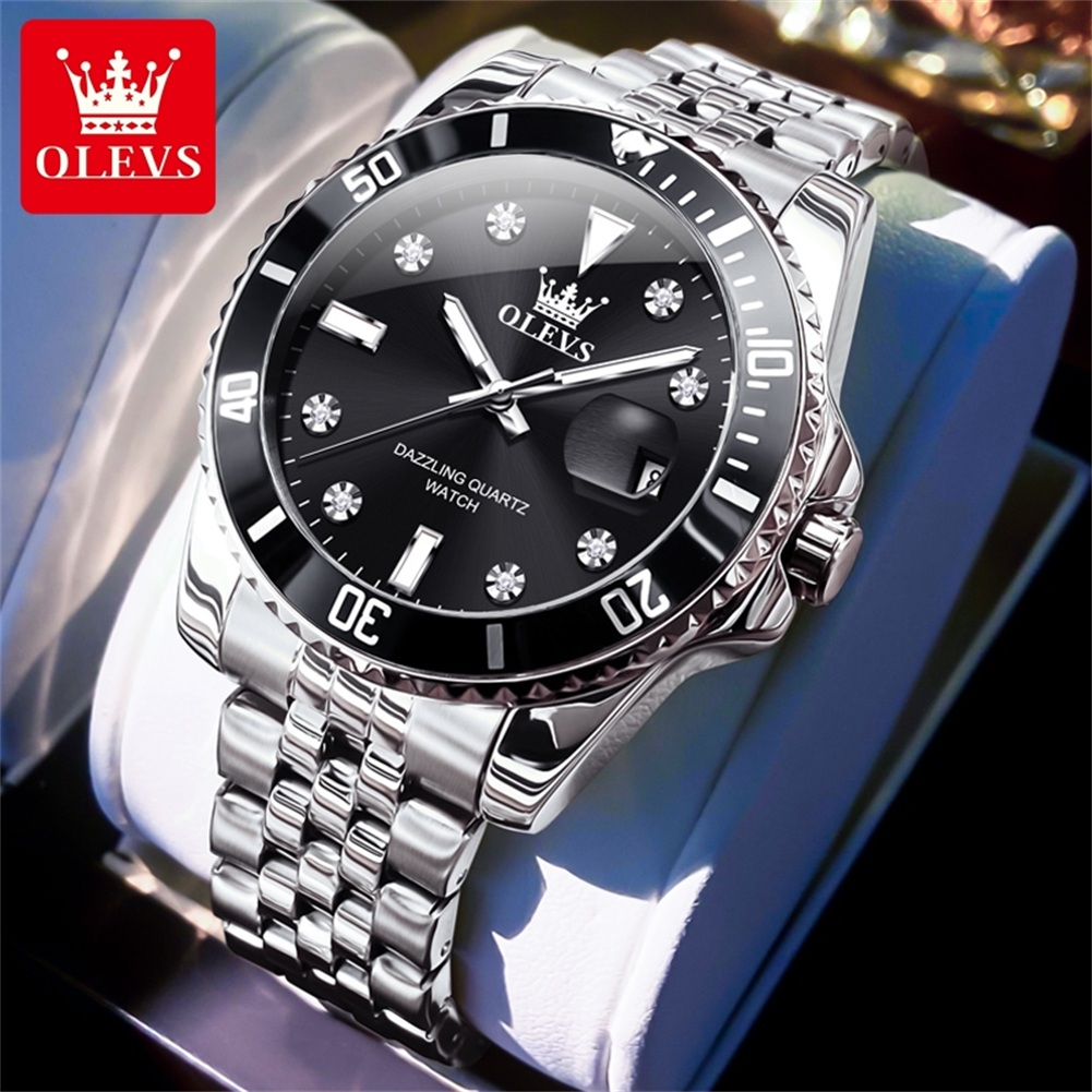 Olevs Originele Luxe Mannen Horloge Kalender Groen Waterdicht Quartz Horloge Voor Mannen Rvs Band Lichtgevende Diamant Schaal: Ivoor