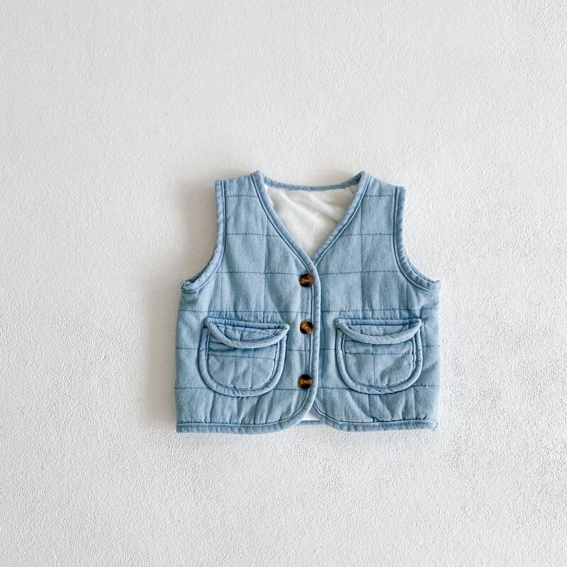 Winter Meisjes Jongens Vest Blauw Denim Mouwloze Single Breasted Button Pocket Wol Fleece Vesten Kids Dikke Jas E5007: blue / 66cm 0-6Months