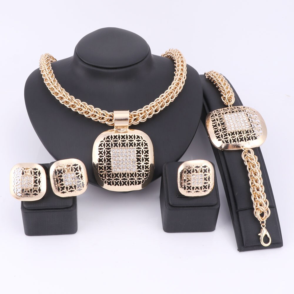 African Beads Jewelry Set Exquisite Dubai Gold Color Square Crystal Jewelry Set Nigerian Wedding Bridal Bijoux