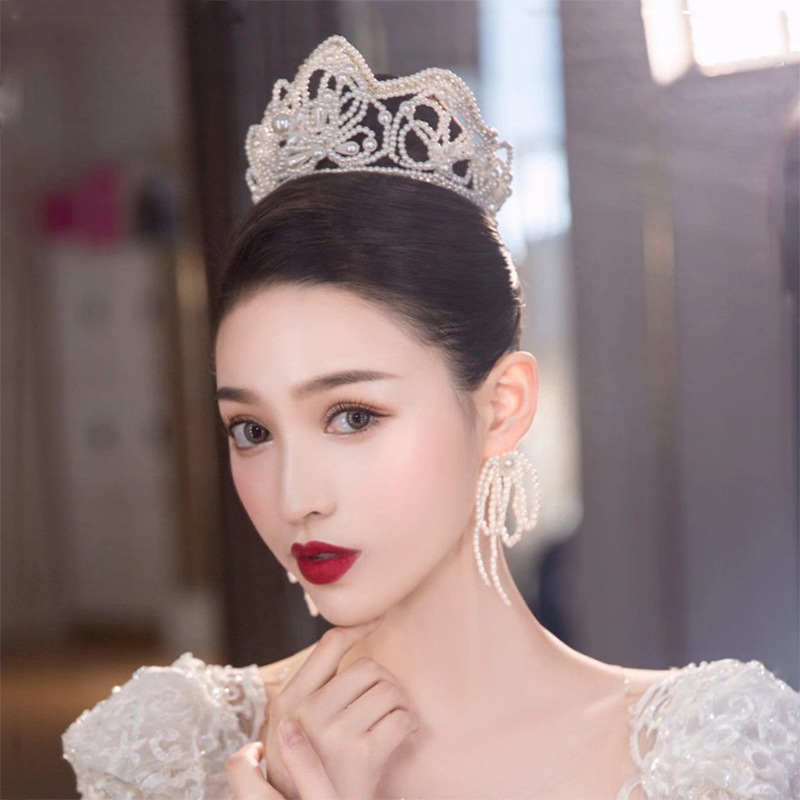 Handgemaakte Pearl Bead String Kroon Oorbel Set Bruiloft Bruid Volledige Cirkel Tiara Hoofdtooi Trouwjurk Bijpassende