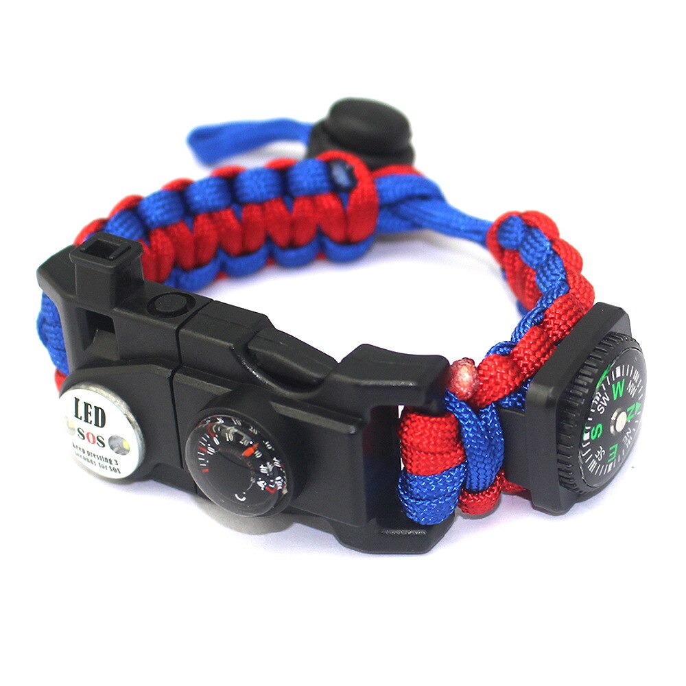 Pulsera de soga de supervivencia LED multifunción para hombre, luz de señal de emergencia multifuncional, silbato deportivo: red blue