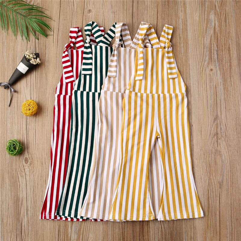 Summer Infant Baby Girls Rompers Overalls Striped Print Sleeveless Belt Jumpsuits Pants Clothes 6M-5Y