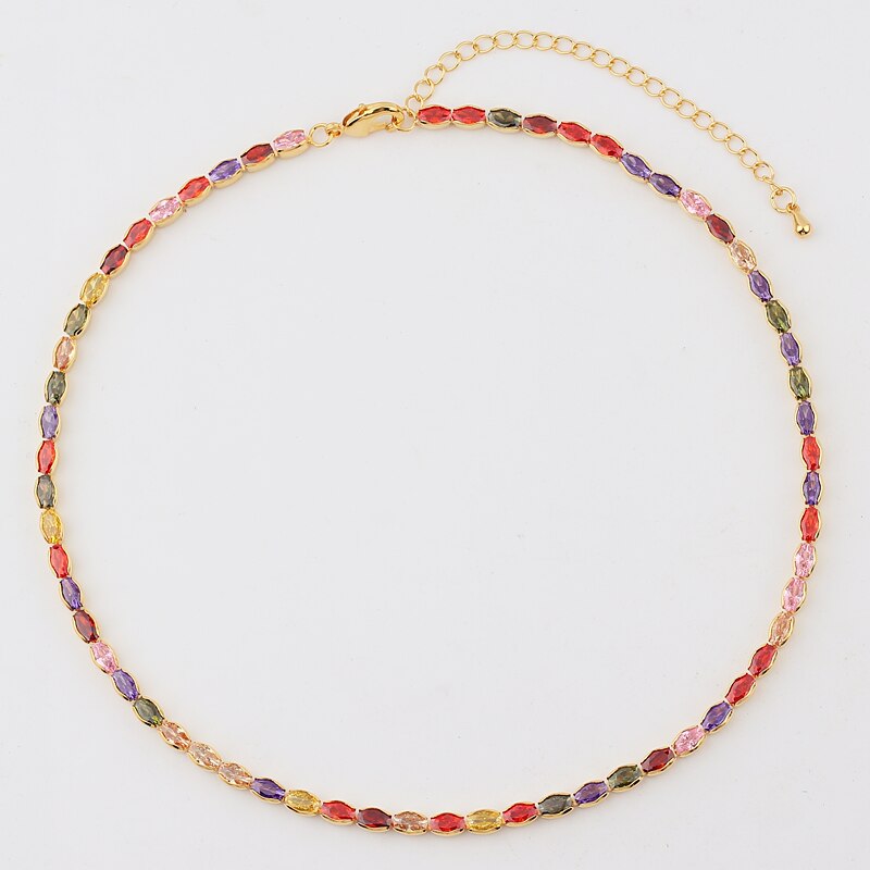 Gold Color 1 Row Shiny Colorful Neon Rainbow Iced Out Zircon Charm Thin CZ Tennis Chain 33+7CM Women Choker Necklace