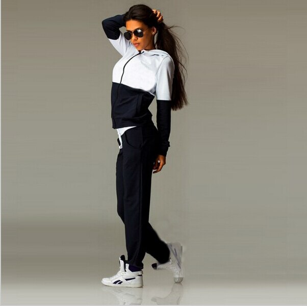 Patchwork Zipper lace up Suit Set Women Tracksuit Two-piece Sport Style Outfit Jogging Sweatshirt Fitness Lounge Sportwear: Black / L