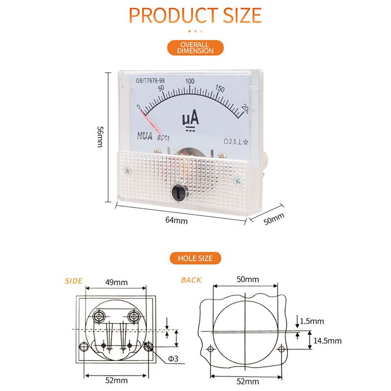 85C1 DC puntero analógico microamperios amperímetro 20uA 30uA 50uA 100uA 200uA 300uA 500uA AMP