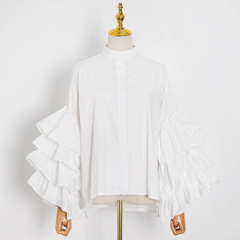 TWOTWINSTYLE Casual Patchwork Ruffles Women Shirt Stand Collar Lantern Long Sleeve Loose Blouse For Female Clothing Spring: white / M