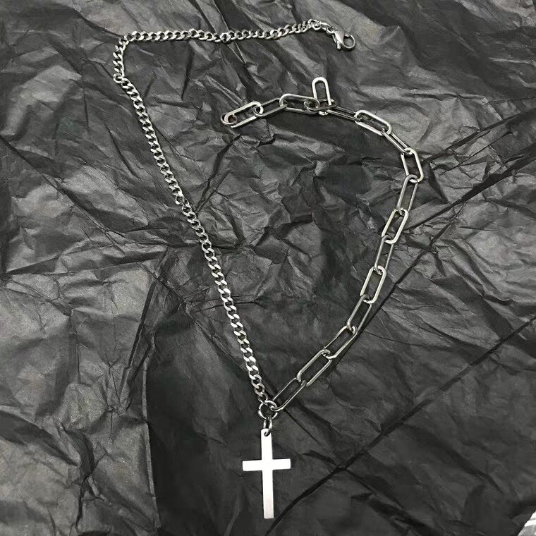 Neue Harajuku Mann Halskette Silber Farbe Multi-Schicht Lange Kette Punk Kreuz Anhänger Halsband für Frauen Kühle Hüfte hüpfen partei Schmuck