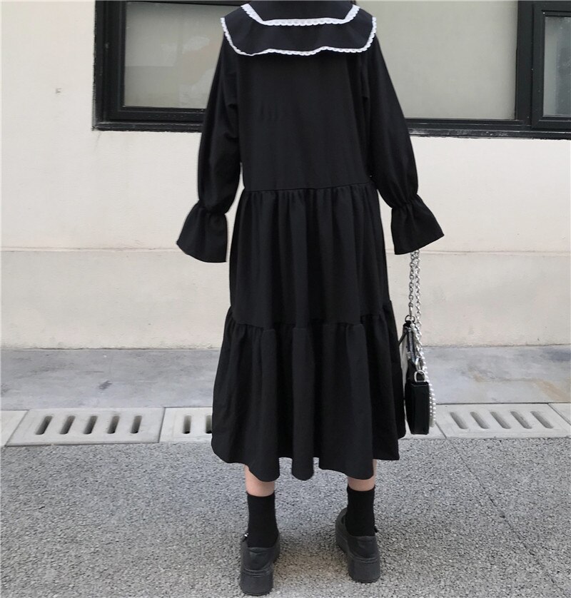 Japanse stijl schattige losse poppenkraag met belletjesmouw midi marineblauwe collegejurk voor dames, japanse schooluniform, matrozenjurk