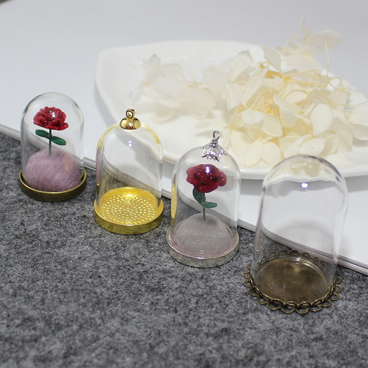 2 PCS Kleine Prinz Rose Glas Dome Mit Anhänger Basis & Top Metall Kappe Glas Fläschchen Halskette anhänger Diy Schmuck finden