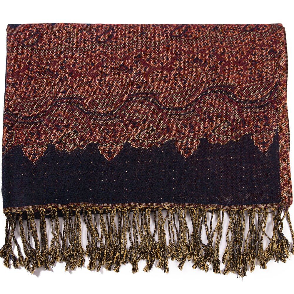 Paisley frontières Pashmina soie 2 tons écharpe enveloppement châle tête foulards léger grand mince glands longs: Dark Blue Red