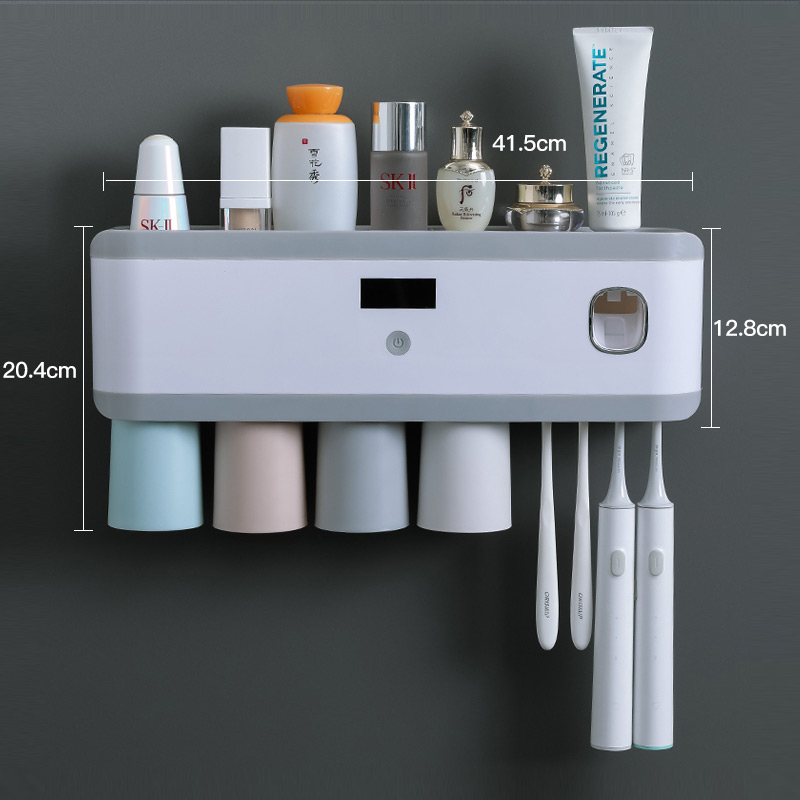 CMXIO UV Toothbrush Sterilizer Solar Energy Tooth Brush Holder Automatic Toothpaste Squeezer Dispenser Storage Rack Organizer: 4 Cups