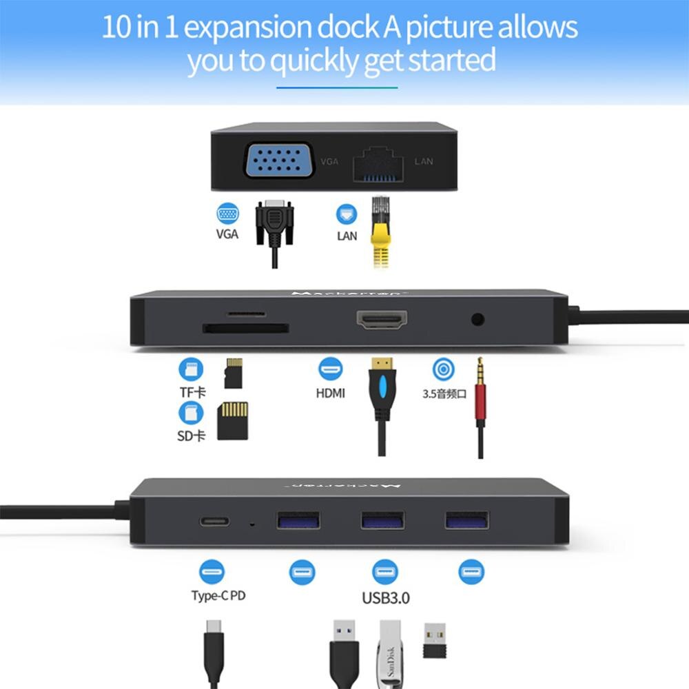 Adaptateur USB type-c 10-en-1, Hub USB C 10-en-1 avec HDMI 4K, VGA, PD 60W et prise Audio pour MacBook Pro/Air, noir