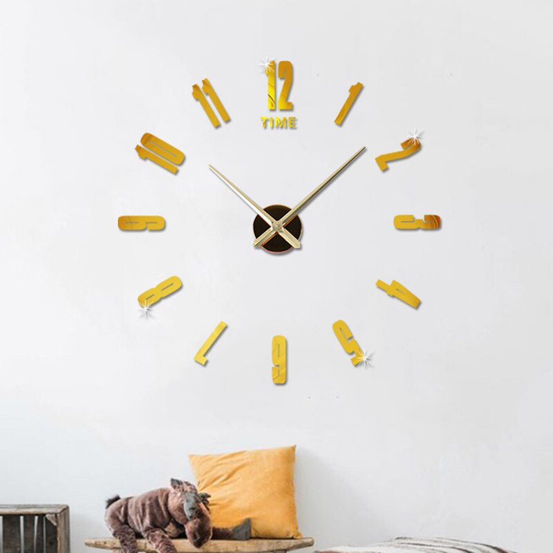 Reloj de pared grande 3D DIY, sala de estar silenciosos para grandes relojes digitales, números árabes, pegatinas de espejo autoadhesivas para pared, decoración del hogar: Gold