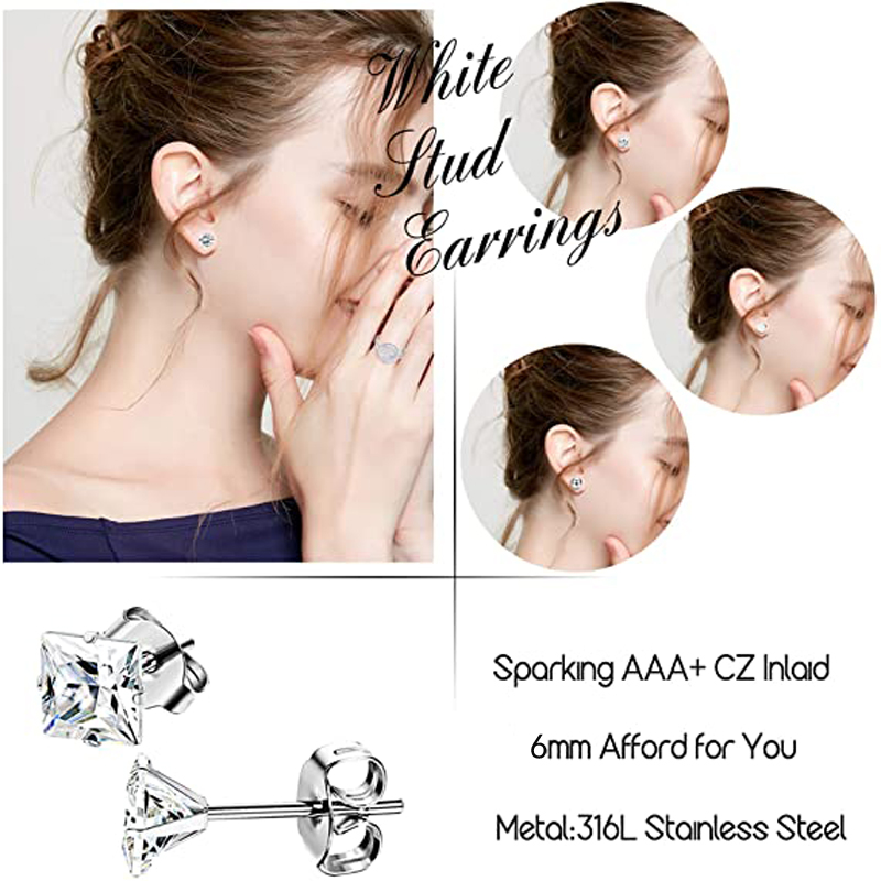 10 Pairs of Stainless Steel Stud Earrings Unisex Round CZ Earring Set Steel Color Black 6mm