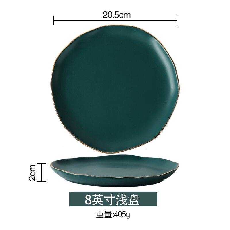 Plaat goud velg onregelmatige schotel thuis dineren plaat dark green keramische bestek set: 8 inch shallow tray