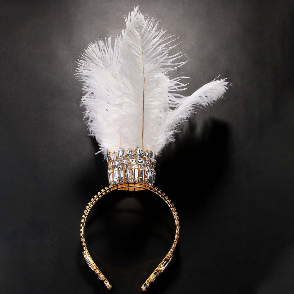 Stonefans-Diadema con corona de plumas de Reina blanca para carnaval, accesorios para graduación, Tiara de corona de cristal barroco geométrico para discoteca para mujer