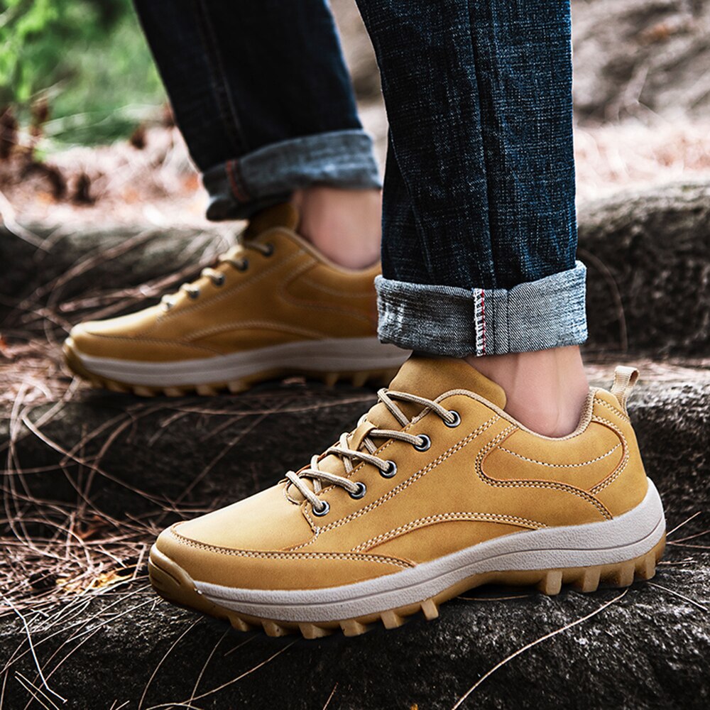 Botas de segurança de couro grande tamanho homem caterpillar botas casuais sapatos de outono plataformas masculino calçado de escalada baixo superior apartamentos