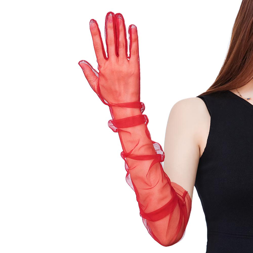 Guantes Largos De Tul Transparente Para Mujer | Elegantes Y Retro Con Detalles Plisados Para Noche