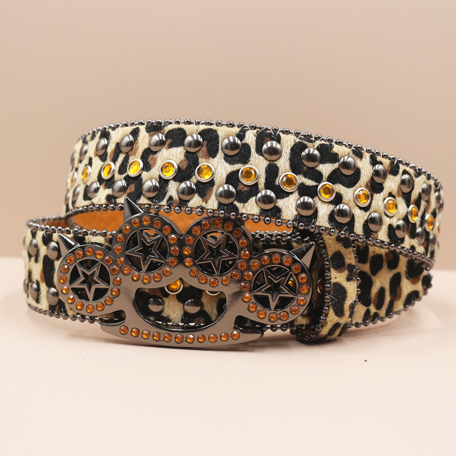 Women's Jeans Leopard Rhinestone Large Size Belt Men's Belt Western Denim Shiny Rivet Leather HipHop Rock Y2K Style Belt: Yellow / 105CM