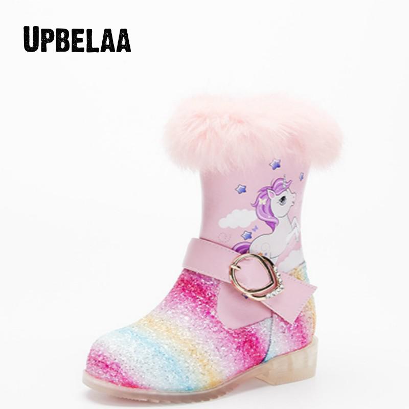 Winter Meisjes Laarzen Kinderen Schoenen Mode Sequin Leather Kids Snowboots Warm Leuke Regenboog Eenhoorn Meisjes Prinses Laarzen