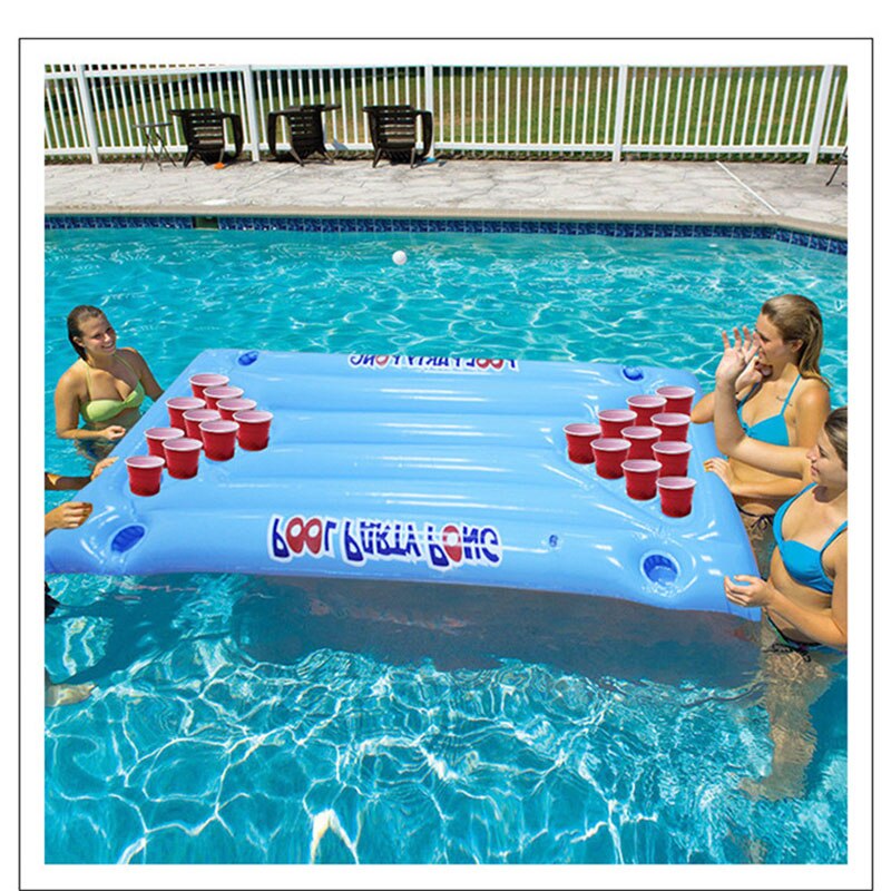 Weiß Blau Rechteck Löcher Trinken Float Halter Falten Aufblasbare Bier Pong Tabelle Schwimm reihe Luft Matratze Floß Pool Party Spielzeug