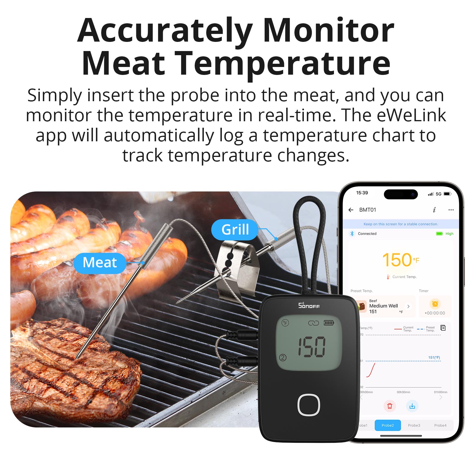 SONOFF BMT01 Termometro per carne per barbecue wireless Grafico della temperatura in tempo reale Promemoria timer Monitoraggio remoto Avvisi della temperatura tramite eWeLink