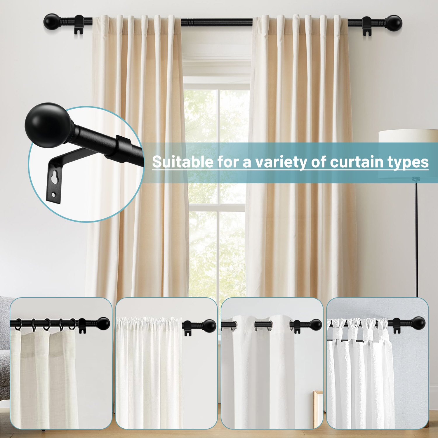 Black Curtain Rods for windows 24 to 94 inch, Splicing Heavy Duty Metal Curtain Rod Set with Brackets
