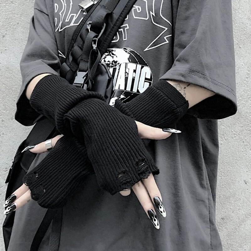 Gants noirs en tricot côtelé pour femmes, gothique, Punk, Harajuku, trou déchiré, longueur du coude, mitaines, Anime Cosplay, chauffe-bras H7EF