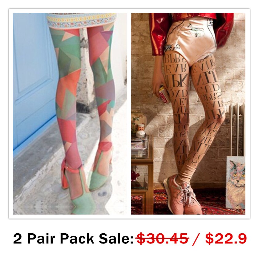 2 Pair Pack - Triangle Patterned & Letters Printed Tights