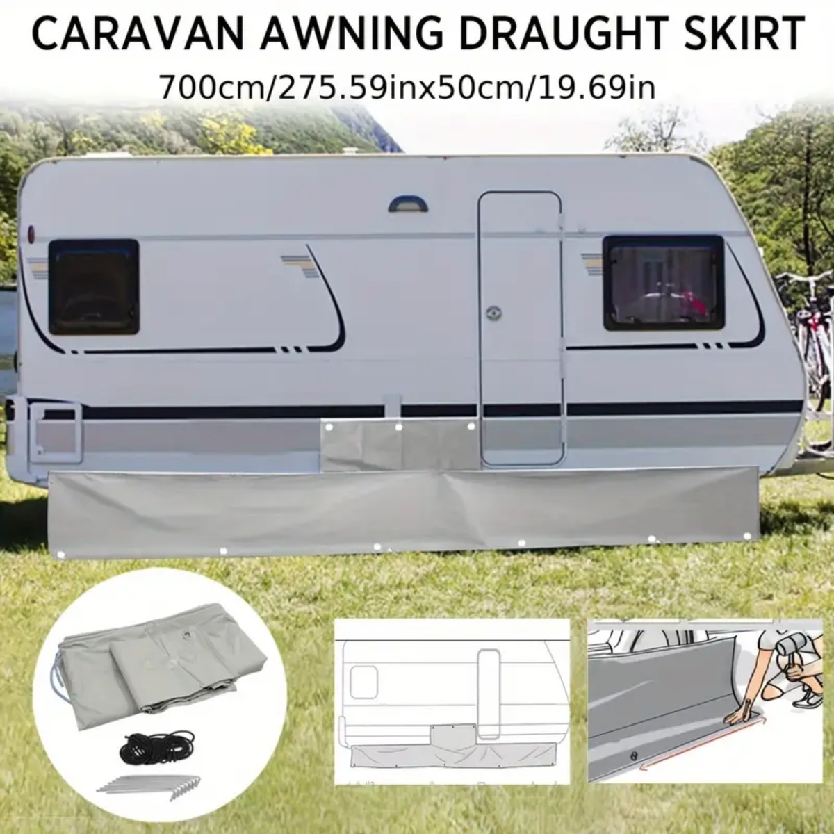 Tochtstrook voor caravanluifel, 7m cm lang,  x 50cm cm diep, met wielkastafdekkingen en zuignappen, beschermt tegen stof, wind en regen van de camper.