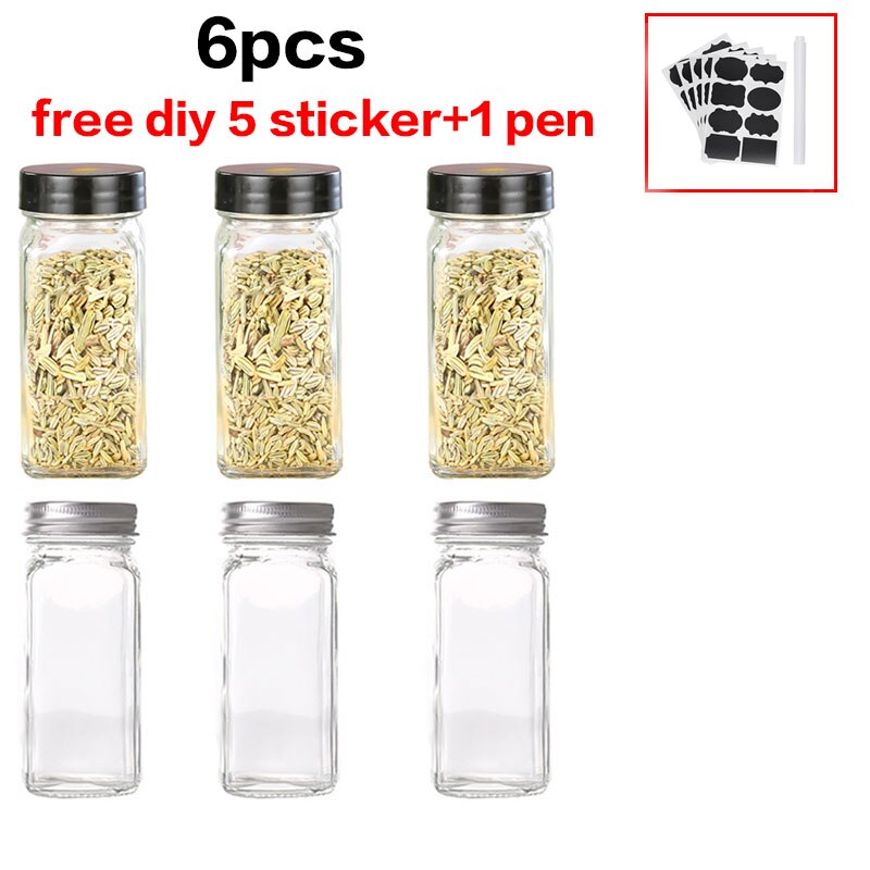 Kitchen Four Square Glass Jar Lid Seasoning Box Barbecue Seasoning Jar Seasoning Jar Pepper Bottle Chicken Essence Seasoning Jar: 6pcs