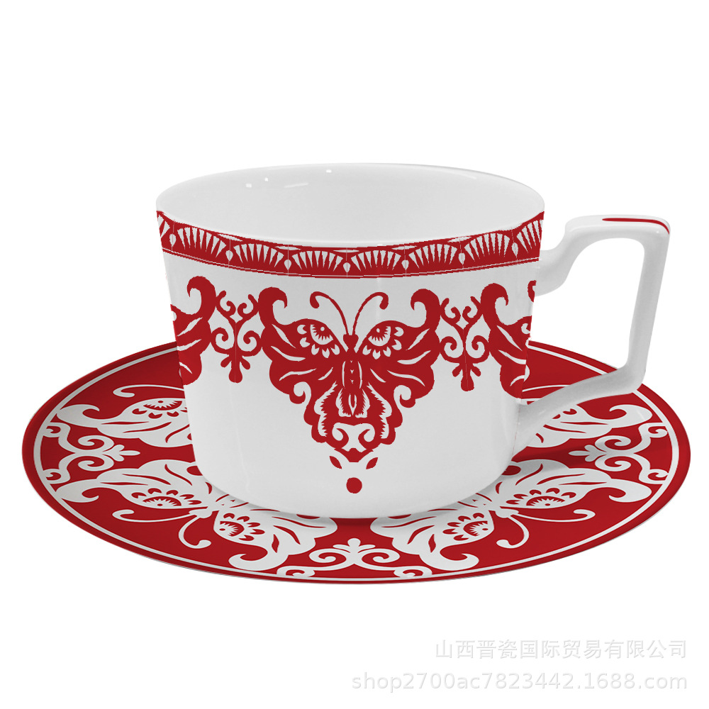 Chinese Plate Set Butterfly paper-cut bone china tableware set household fruit plate dessert tableware: 275ml coffee set