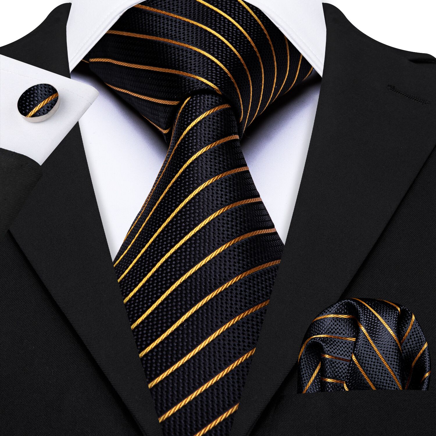 LS-585 Barry.Wang Mannen Stropdas Zijde Gestreepte Jacquard Geweven Classic Tie + Hanky + Manchetknopen Set Voor Formele Wedding Bedrijvengids Party