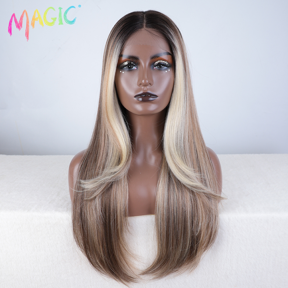 Magic Hair Synthetic Lace Front Wig Long straight 28 Inch Lace Wig Ombre Blonde Wig Heat Resistant Wigs For Women Lace Front Wig: KAF7