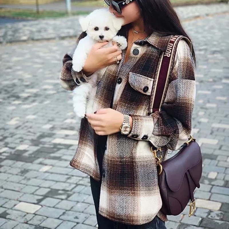 Vintage women long sleeve woolen coats ladies thick plaid coat female streetwear girls oversize jacket chic