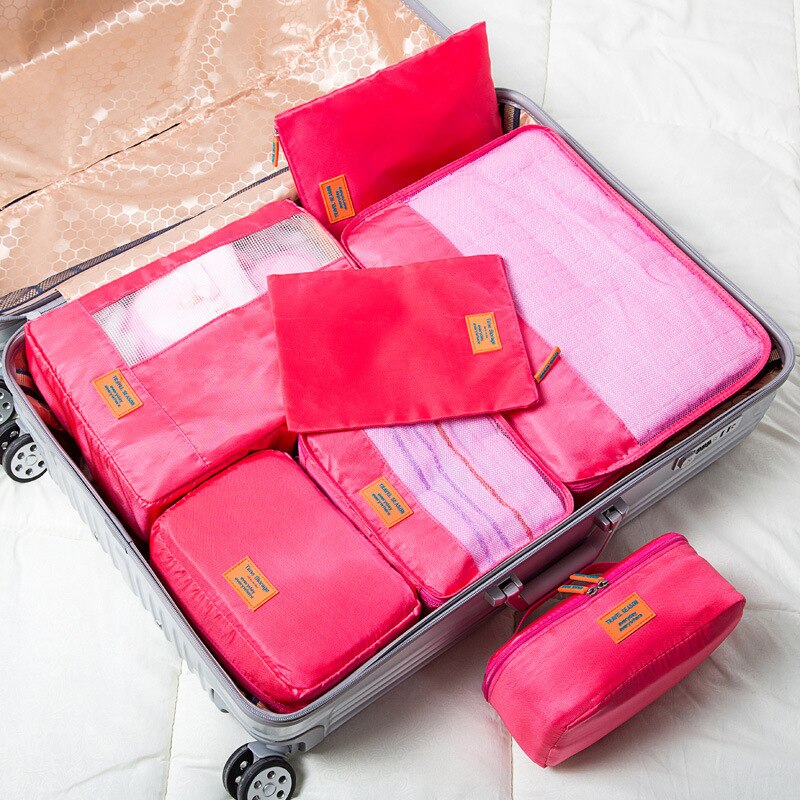 7pcs/set Men Travel Bag Sets Waterproof Packing Cube Portable Clothes Sort Case Women Luggage Organizer Bag Accessories: Rose red