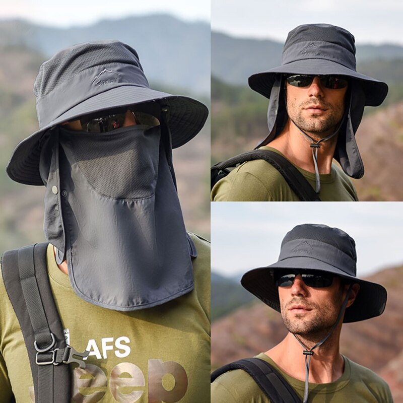 Summer Quick-drying Boonie Men Women Hat Outdoor Face Mask Wide Brim Bucket Hat Sun Protection Cap
