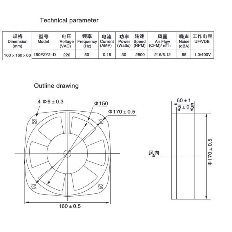 150FZY2-D Single Flange AC220V 30W Fan Axial Flow Fan Fan Electric Box Cooling Fan Wind Direction Adjustable